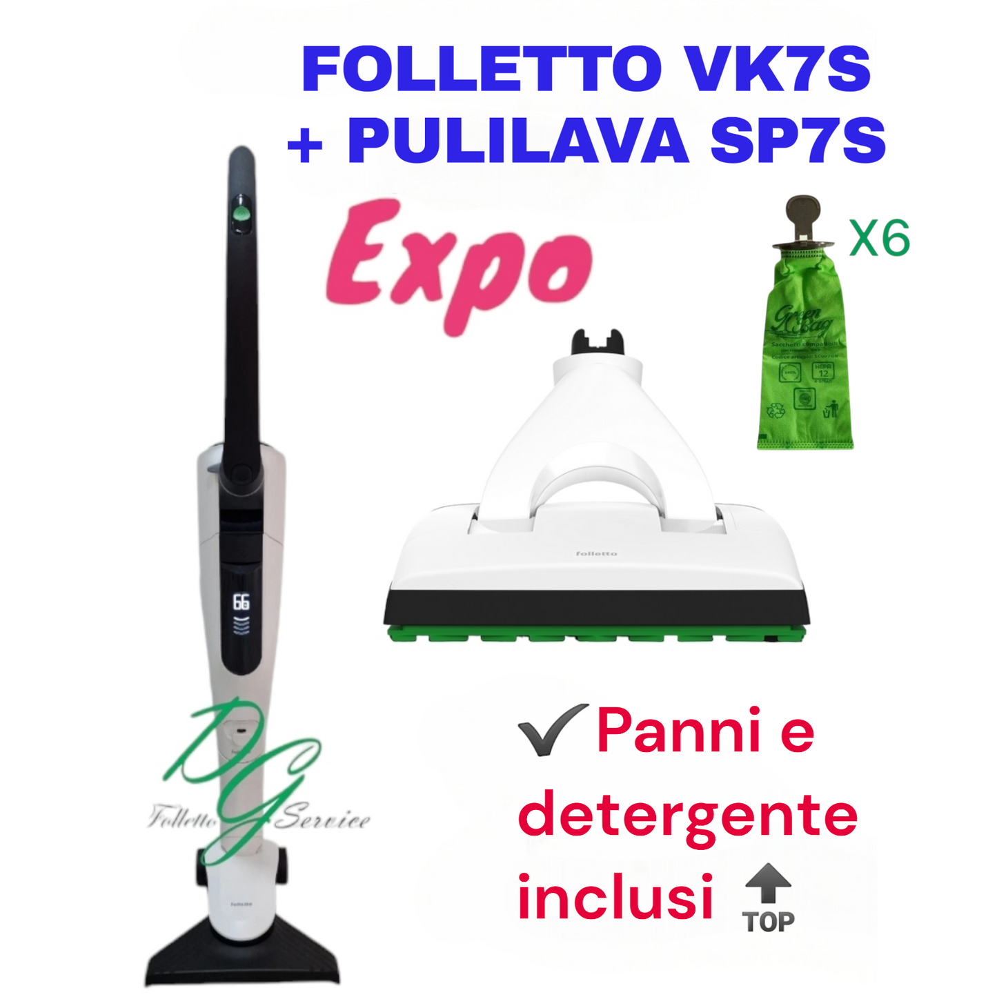 VORWERK FOLLETTO VK7S SENZA FILO COMPLETO DI LAVAPAVIMENTI SP7s HD7s 1 BATTERIA