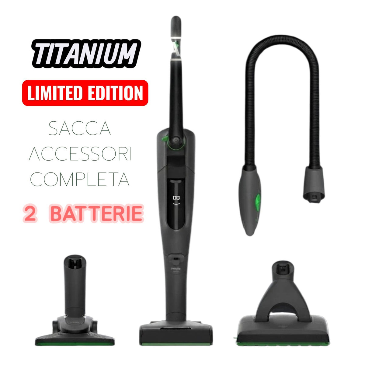 FOLLETTO VK7S TITANIUM SENZA FILO CON 2 BATTERIE COMPLETO MULTIFUNZIONE +PICCHIO + PULILAVA+ SACCA NUOVO